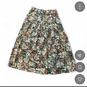 Vintage 70s 80s floral skirt long green blue tan 25” waist pleated skirt fun